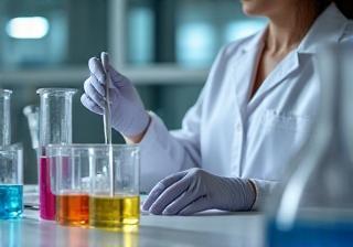 Chemist working on cosmetic formulation in a lab